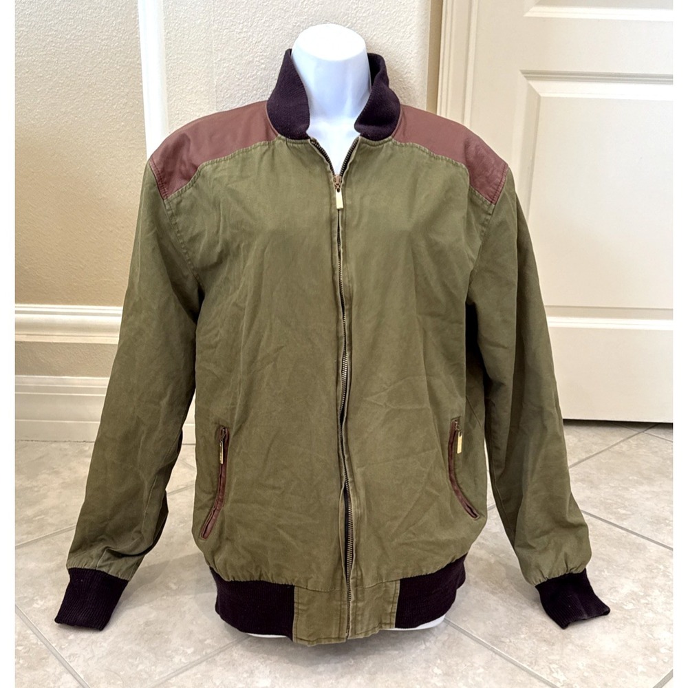 PRSVR Preserve Green Full Zip Coat Brown Leather Trim BOMBER Jacket Sz 3X  *Flaw